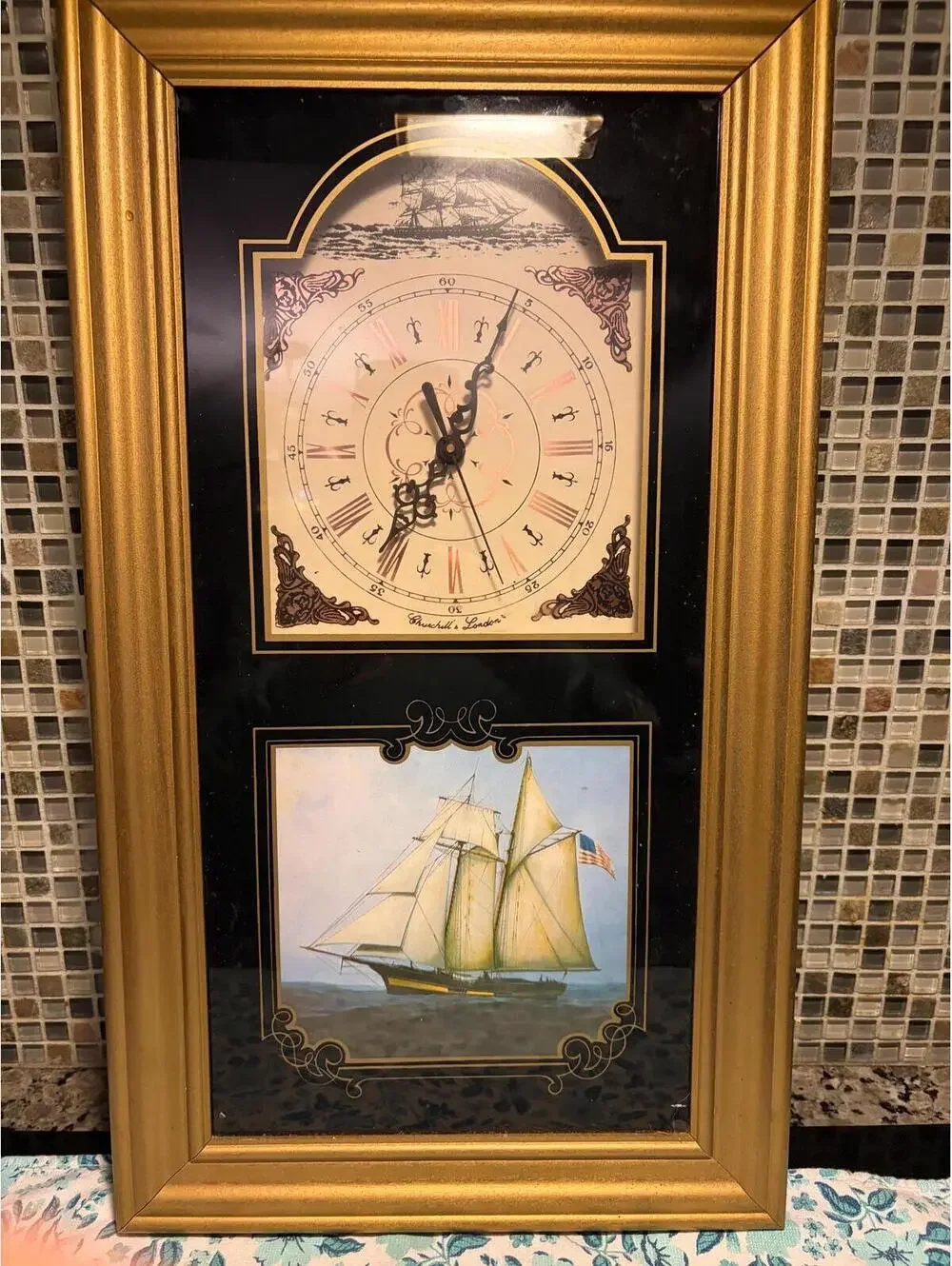 20th century Churchill's London quartz wall clock with a sailing ship motif.